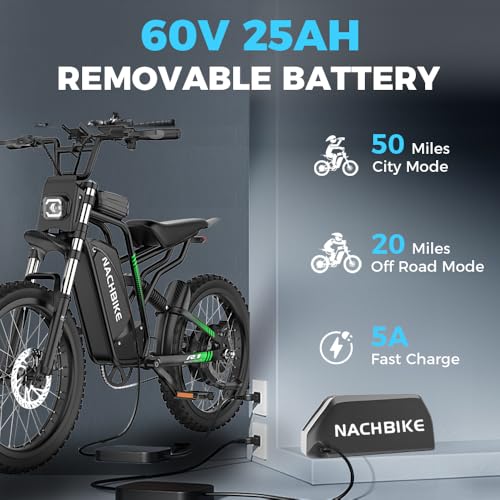 50MPH 6000W / 40MPH 3000W Electric Dirt Bike for Adults, 60V 25Ah Removable Battery Electric Motorcycle Up to 50miles, 24.5" MTB Tires (Rim 19'') E Moto, All Terrain E Bike Full Suspension