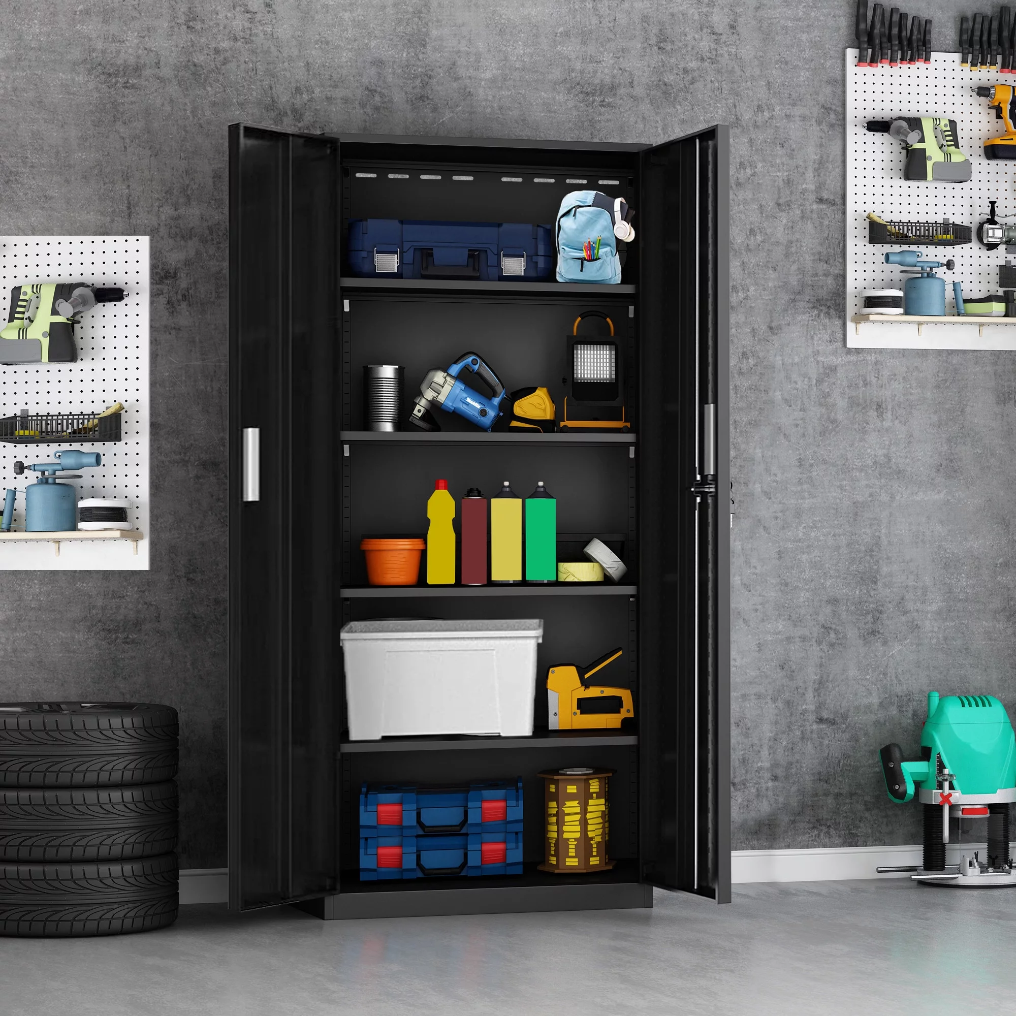 Tall Metal Storage Garage Cabinets with Locking Doors and 4 Adjustable Shelves, Double Handles, Steel Storage Cabinet for Garage, Office, Bedroom,Classroom, Employees,School,GymBlack