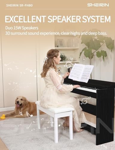 Digital Piano Hammer Action Keyboard 88 Keys Upright Acoustic Electric Weighted Piano Beginner MIDI Cover Full Size Sustain Pedal Stand Real Professional SR-FH80 (Beige Full Cover)