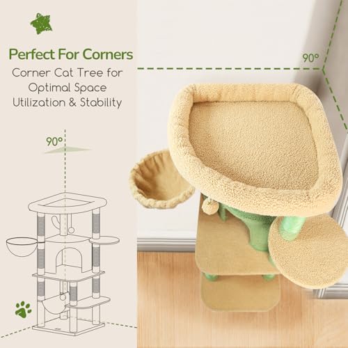 Globlazer Corner Cat Tree for Large Cats, 66inch Tall Curved Series Large Cat Tower for Multiple Indoor Cats with 6 Scratching Posts, 2 Spacious Cat Condos, Hammock, Hanging Basket, C66, Beige