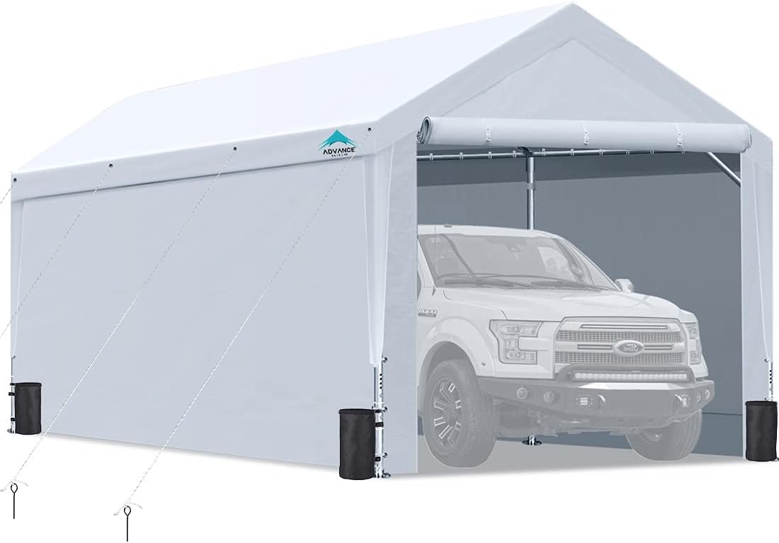ADVANCE OUTDOOR Upgraded 10x20 ft Heavy Duty Steel Carport with Adjustable Height from 9.5 to 11 ft, Car Canopy Garage Party Tent Storage Shed Boat Shelter Portable with Sidewalls and Doors, Beige