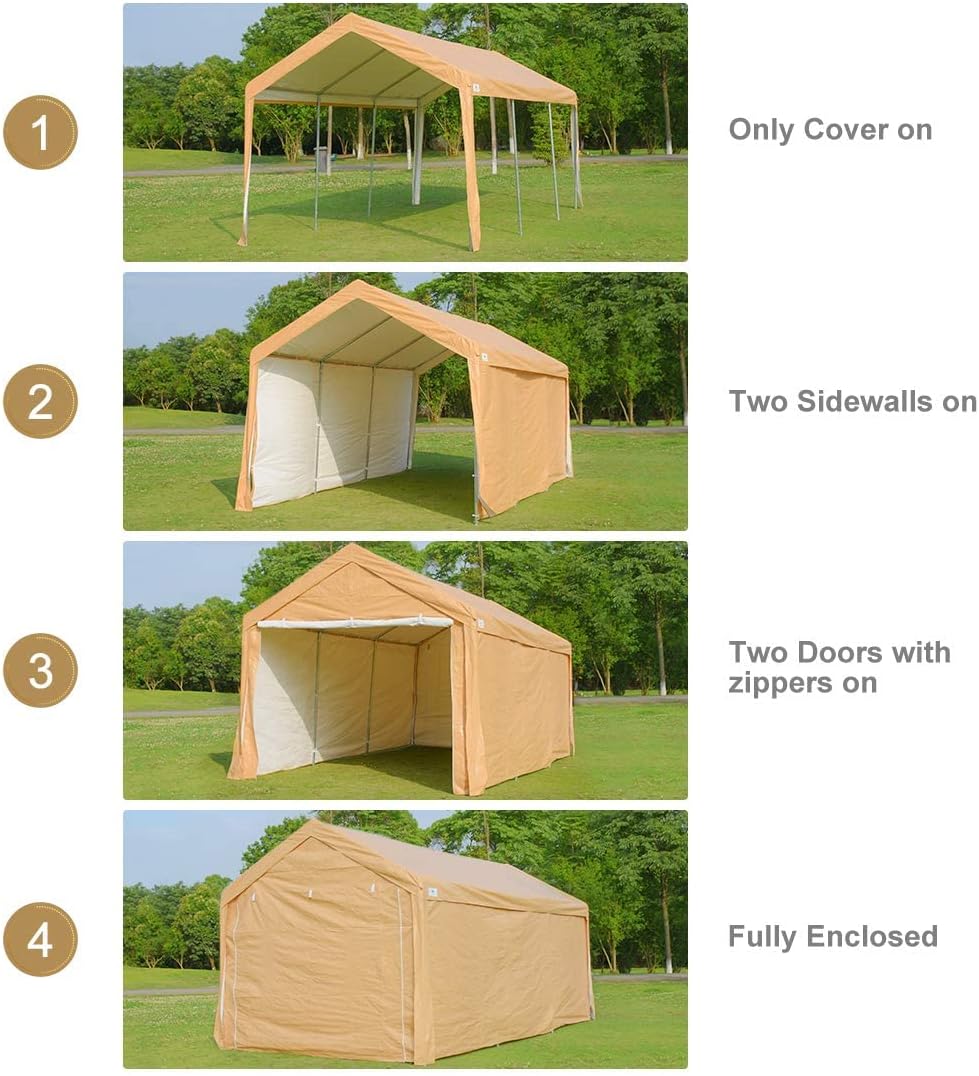 ADVANCE OUTDOOR Adjustable 10x20 ft Heavy Duty Carport Car Canopy Garage Shelter Boat Party Tent, Adjustable Heights from 9.5ft to 11.0ft, Removable Sidewalls and Doors, Beige
