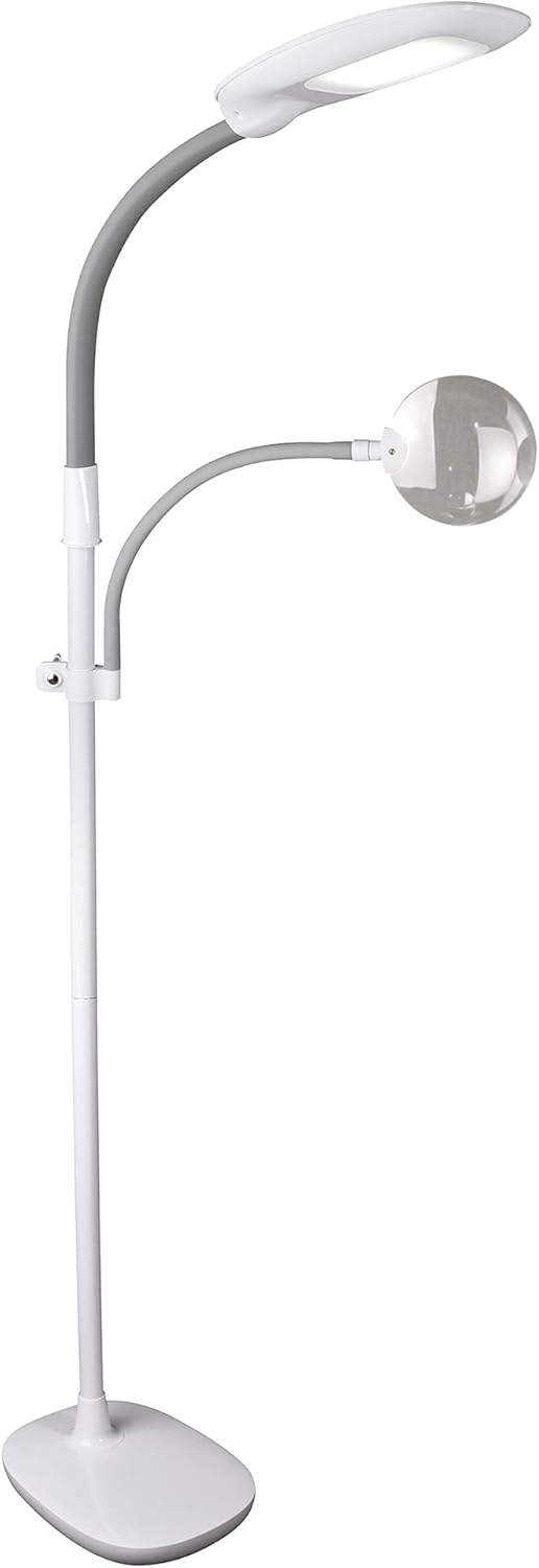 OttLite?Dimmable LED Floor Lamp with Magnifier �C Touch Sensitive Controls, 3 Brightness Levels, Adjustable Arm, Optical Grade Magnifier,?ClearSun?LED, for Sewing Table, Crafting, Office