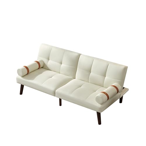 Convertible Sofa Bed Futon Linen Sleeper Couch with Adjustable Backrests Soild Wood Legs for Bedroom Living Room White