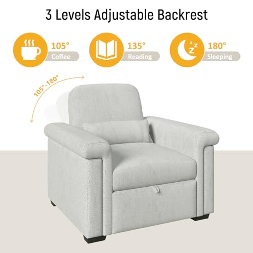 Sleeper Chair Bed, 37.8in Pull Out Sleeper Bed with Polliw, 3 in 1 Convertible Single Sofa Chair Bed with Adjustable Backrest, Chaise Lounge Chair Indoor for Living Room, Bedroom, Salon, Beige