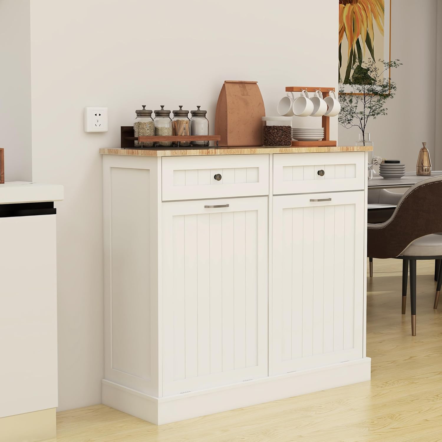 Ucloveria Double Tilt Out Trash Cabinet, Free Standing Garbage Can Cabinet 2 Drawer Tilt-Out Laundry Sorter Cabinet, Hidden Trash Can Holder Recycling Cabinet with Wood Tabletop for Kitchen