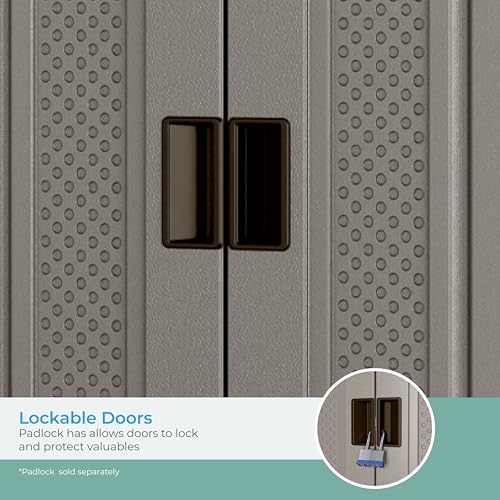 Suncast Tall Storage Cabinet, Platinum Resin Outdoor & Garage Storage Cabinet with Doors & Shelves, Plastic, Weather-Resistant, Lockable, Freestanding Utility Closet for Tools & Supplies, Made in USA