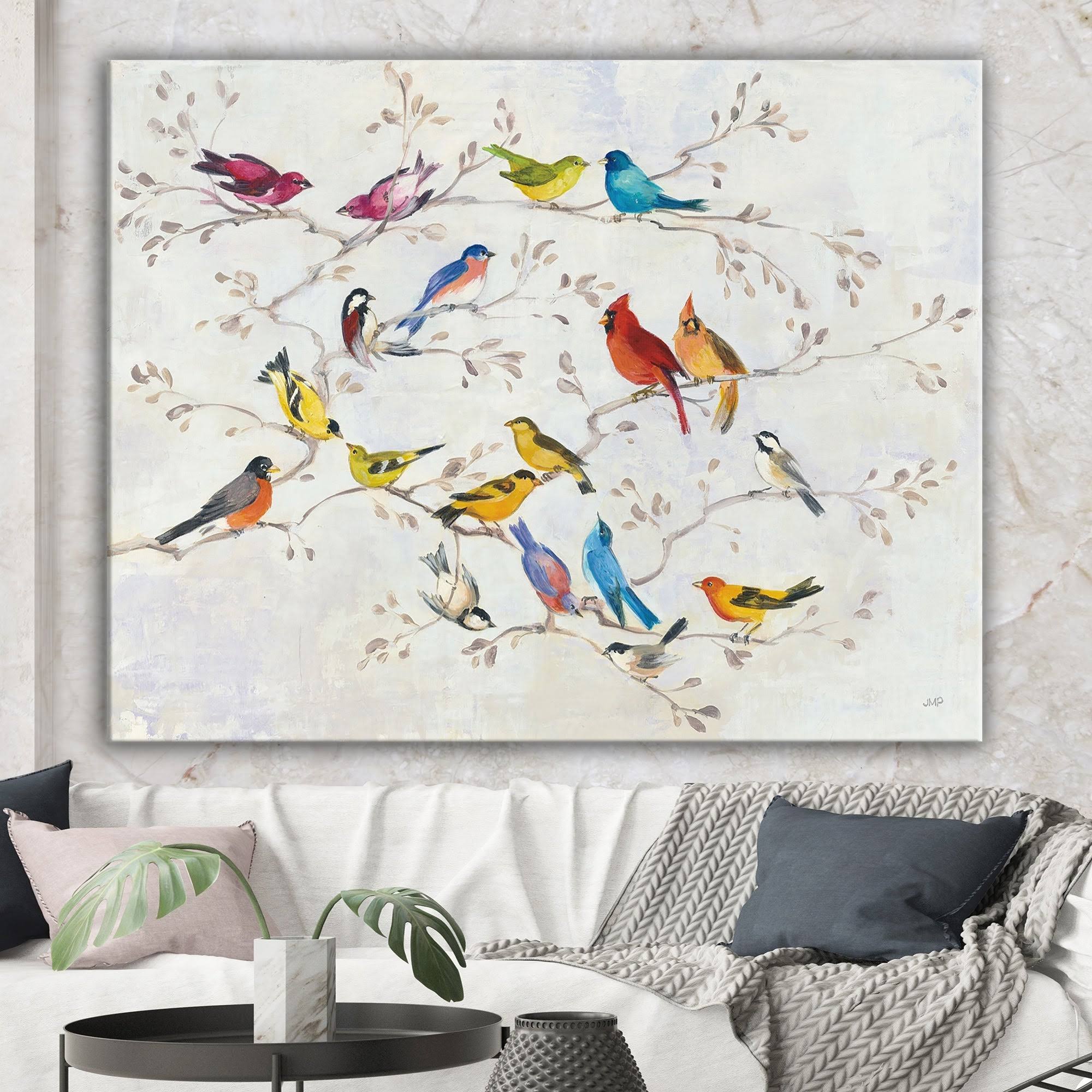 Designart &Multi-Color Bird on Tree& Modern Farmhouse Canvas Art - Multi-Color 40 in. Wide x 30 in. High