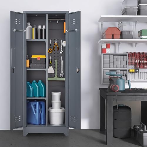 65"H Broom Closet Storage Cabinet, Utility Closet for Brooms and Mops, Cleaning Metal Storage Cabinet with Pegboard and Hanging Rod, Metal Cabinet with Doors and Adjustable Shelves，Garage，Grey-White