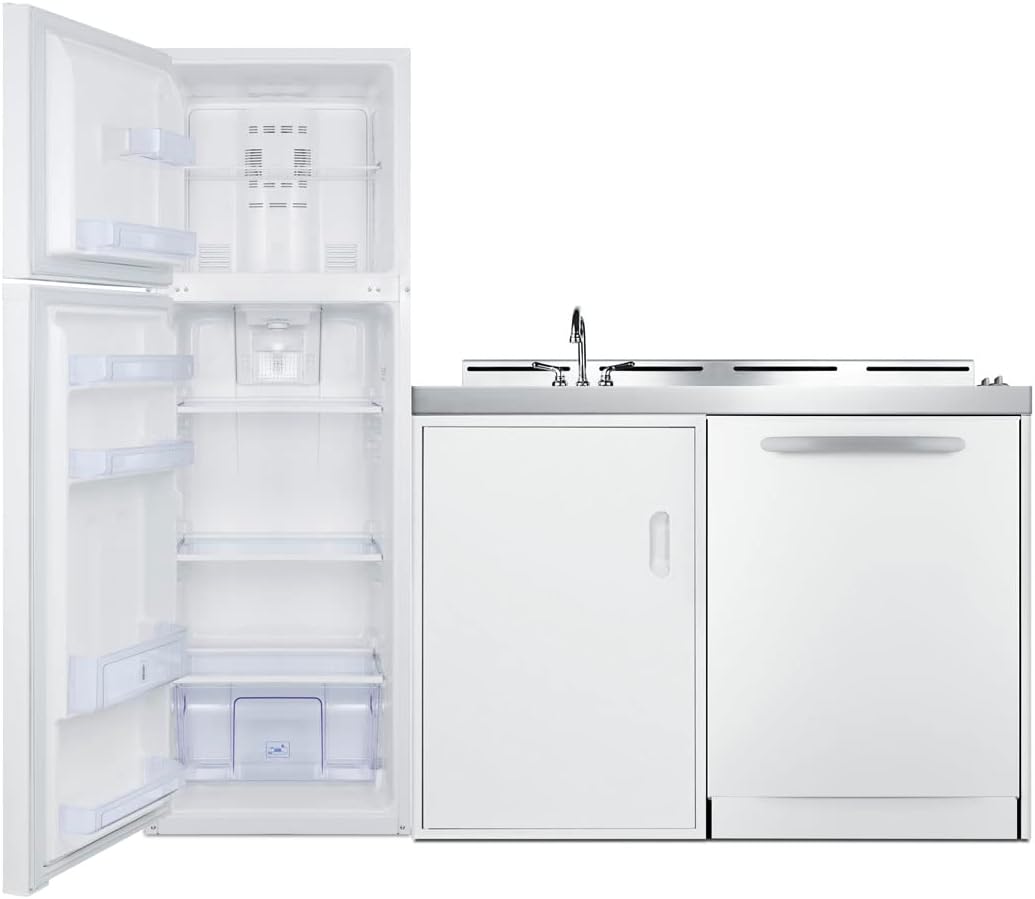 Summit Appliance ACKDW72 72" Wide All-in-one Kitchenette with Full-sized Frost-free Refrigerator-Freezer, 24" Dishwasher, Two Coil 115V Burners, Sink, and Storage Cabinet