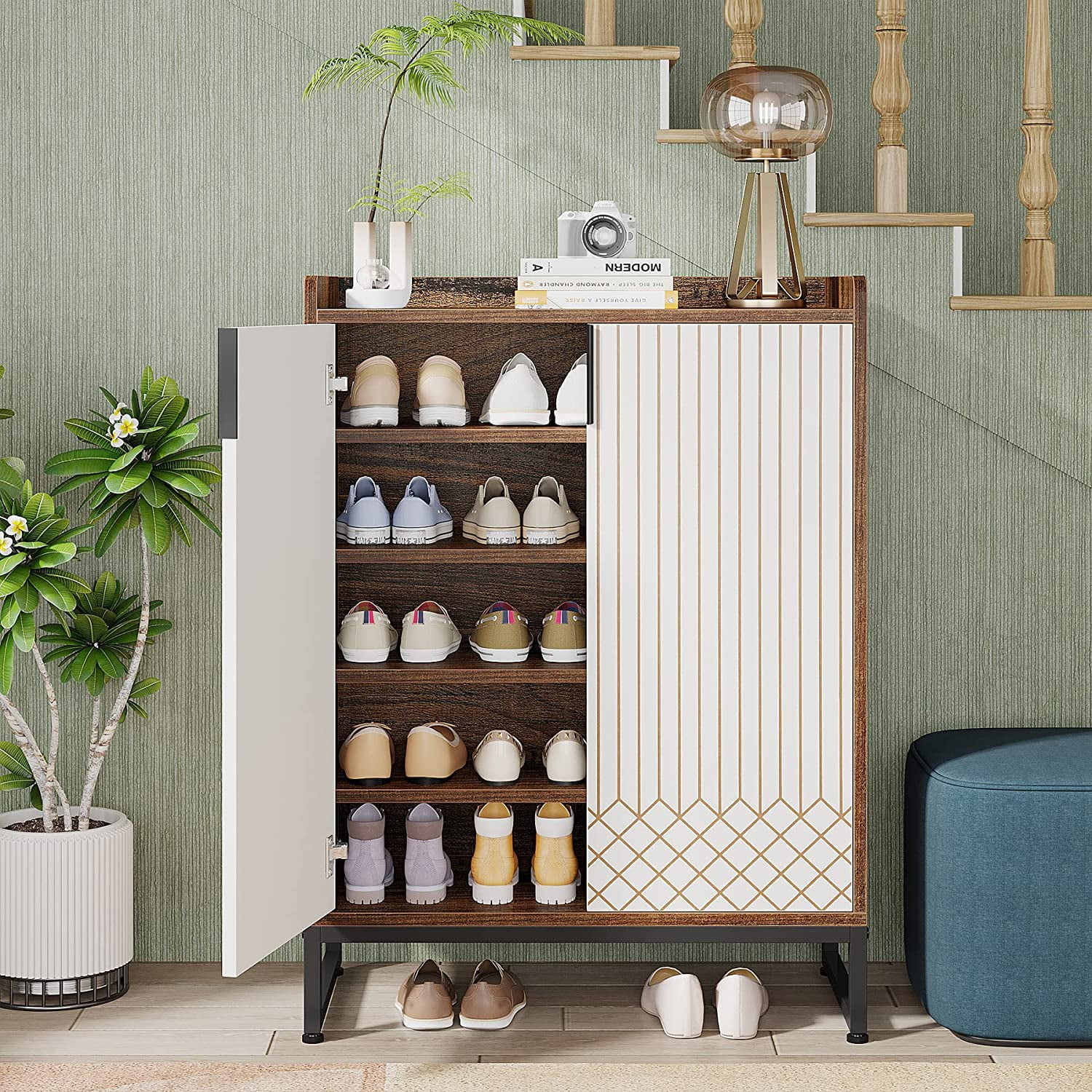 Tribesigns 25 Pairs Shoe Cabinet with Doors,Modern Shoe Cabinet for Entryway, Wood 5-Tier Shoe Organizer, Freestanding Brown Shoe Storage Cabinets with Black Metal Frame for Bedroom Living Room
