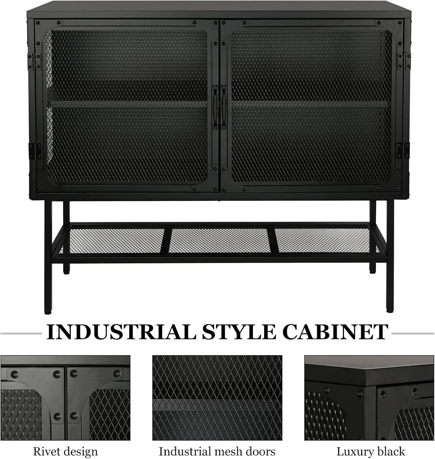 LUMISOL Industrial Cabinet Console Table with 2 Mesh Doors Adjustable Shelf and Feet Bottom Shelf Anti-Tip Dust-Free Kitchen Credenza Sideboard Frosted for Living Room Study Room Office Entryway