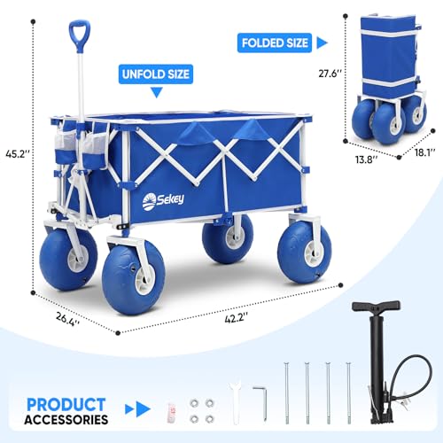 Heavy Duty Beach Wagon with 9" Big Sand-Proof Wheels – 440lb Capacity, Sekey 200L Oversized Foldable Cart | Adjustable Handle & All-Terrain Tires for Sand, Camping, Groceries. Blue&White