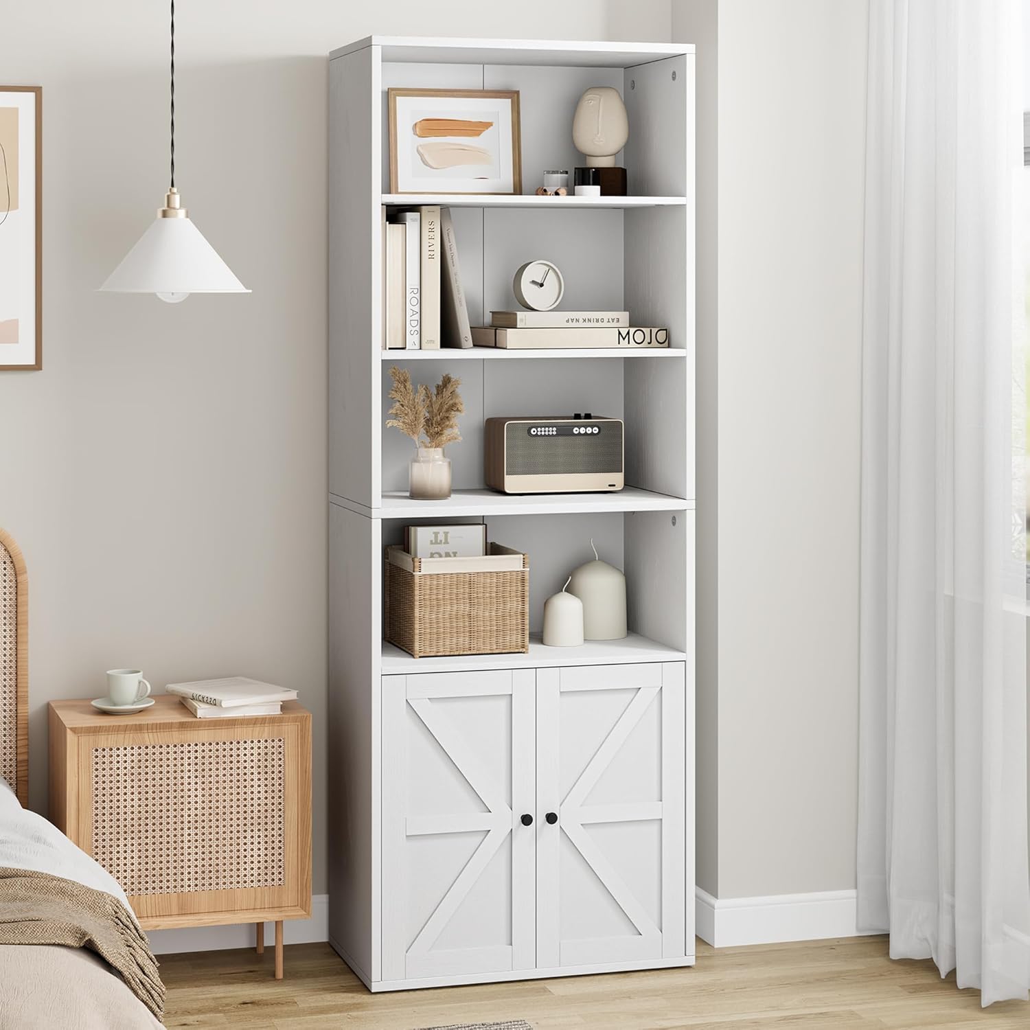 Farmhouse Bookcase with Doors Industrial Bookshelf White Display Storage Shelves 71.4in Tall Bookcases Wooden 6 Shelf Bookshelvels for Bedroom, Living Room, Home Office