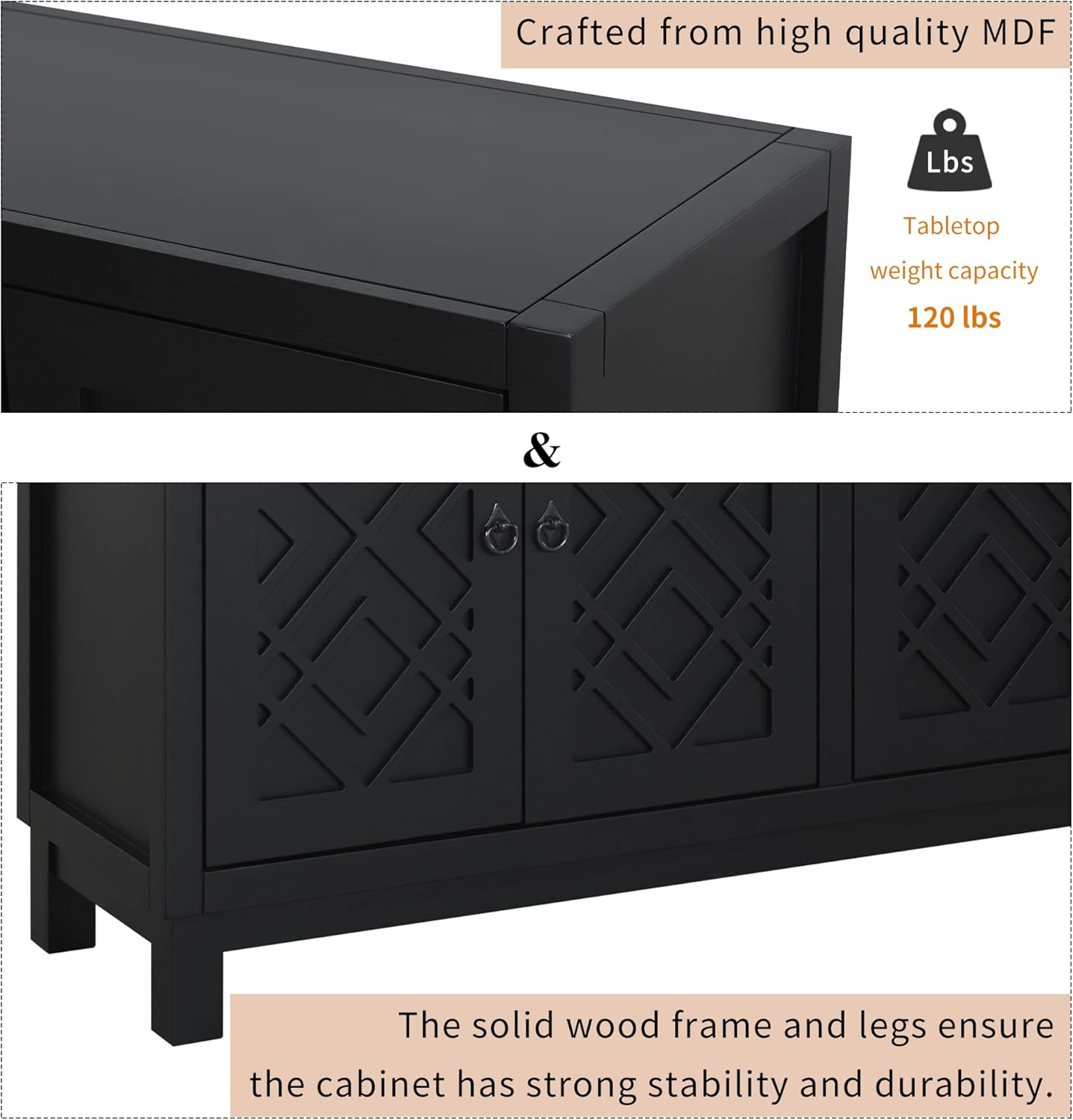 Elegant Storage Cabinet Sideboard,4 Door Buffet Cabinet with Pull Ring Handles,Large Storage Space, Versatile Cabinet for Living Room, Dining Room（Black）
