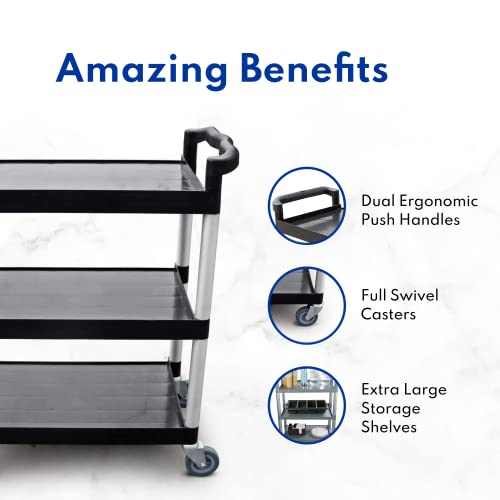 New Star Foodservice 54538 250-Pound Plastic 3-Tier Utility Bus Cart with Locking Casters, 32" x 16" x 38", Black