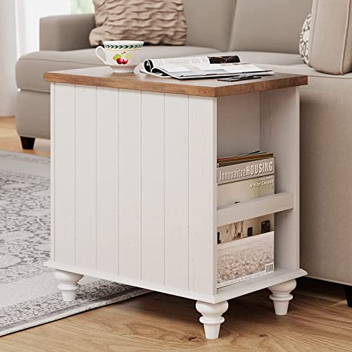 WAMPAT 2 Pack Modern End Table with Charging Station, Side Table with Storage Cabinet for Living Room, Nightstand with Drawer for Bedroom, White/Oak