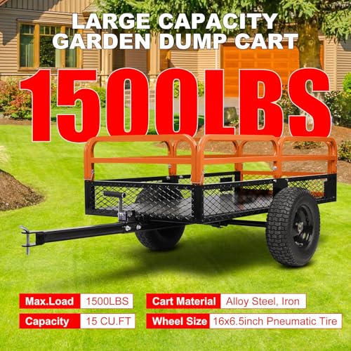 Heavy Duty Steel Dump Cart & Utility Trailer 1600LB Capacity ATV/Lawn Tractor Hauler with Dual Dumping Modes (Manual/Foot Pedal), All-Terrain Tires & Dual Bearings for Garden, Farm, Firewood
