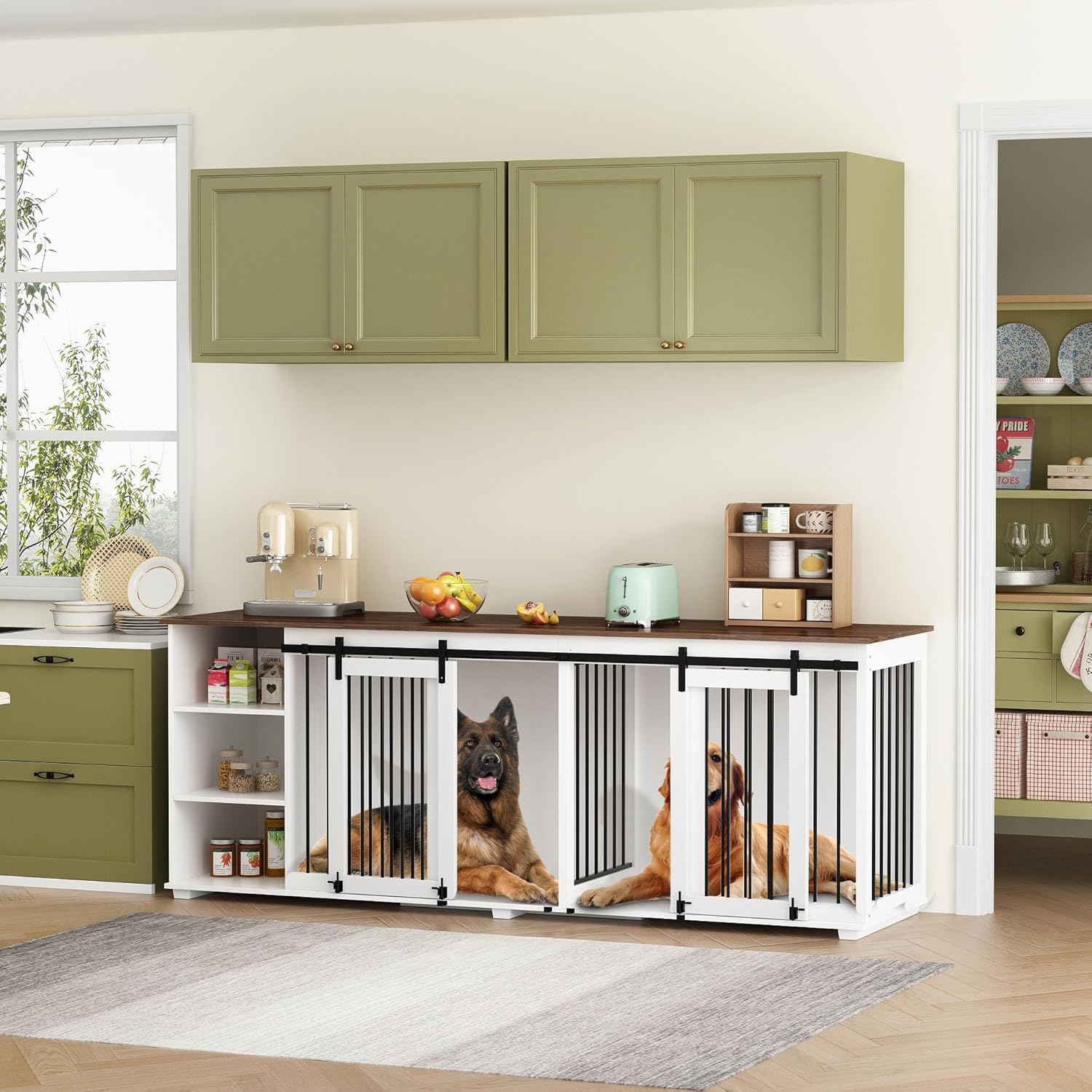Large Dog Crate Furniture, 86.6" Wooden Dog Kennel for 2 Dogs with Shelves,Divider & Slidding Door, Indoor Heavy Duty Furniture Style Dog House w/Double Rooms for Large Medium Dogs, White