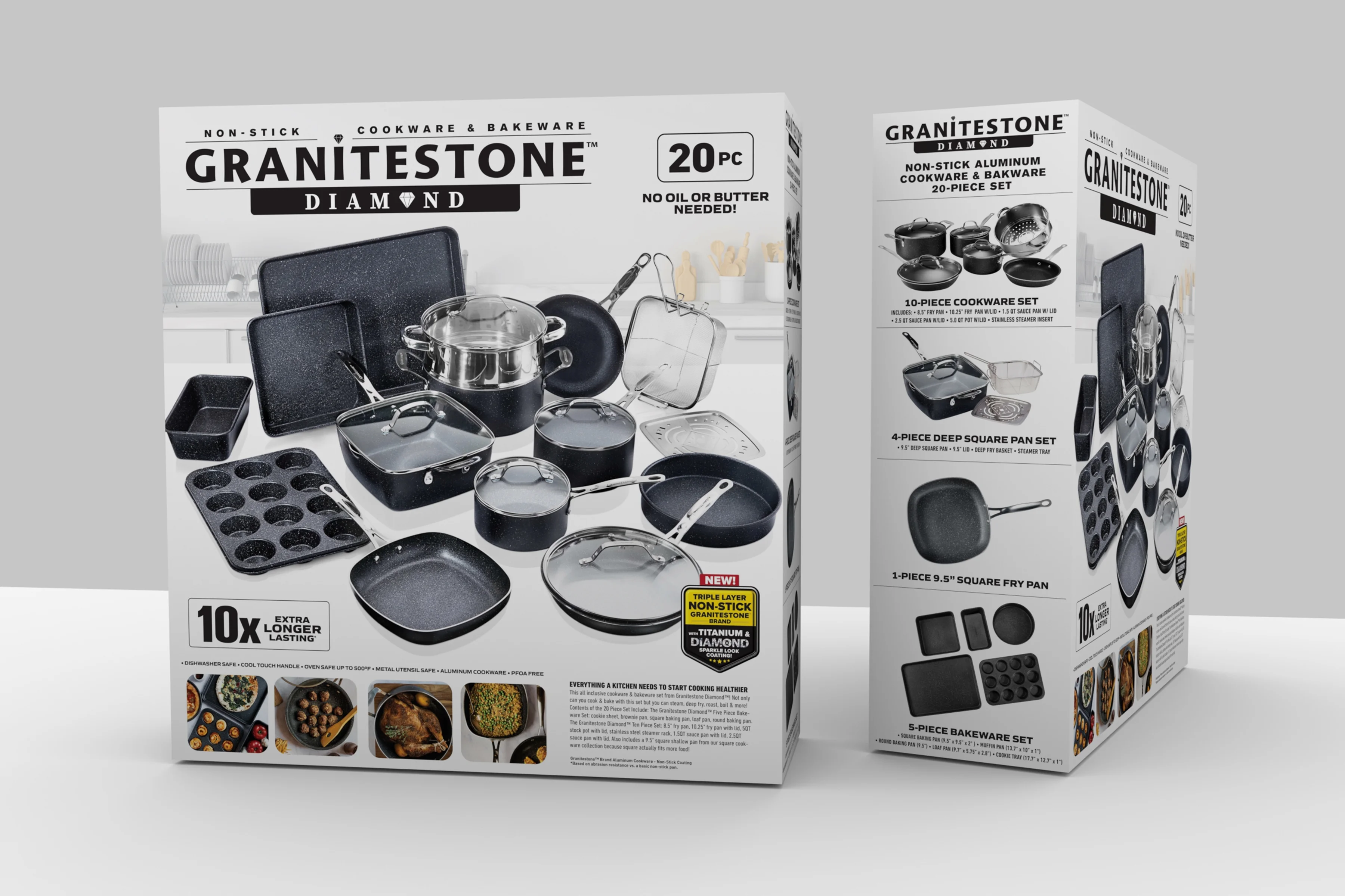 Granitestone Pots and Pans Set, 20 Piece Complete Cookware + Bakeware Set with Ultra Nonstick 100% PFOA Free–Includes Frying Pans, Saucepans, Stock Pots, Steamers, Cookie Sheets and Baking Pans