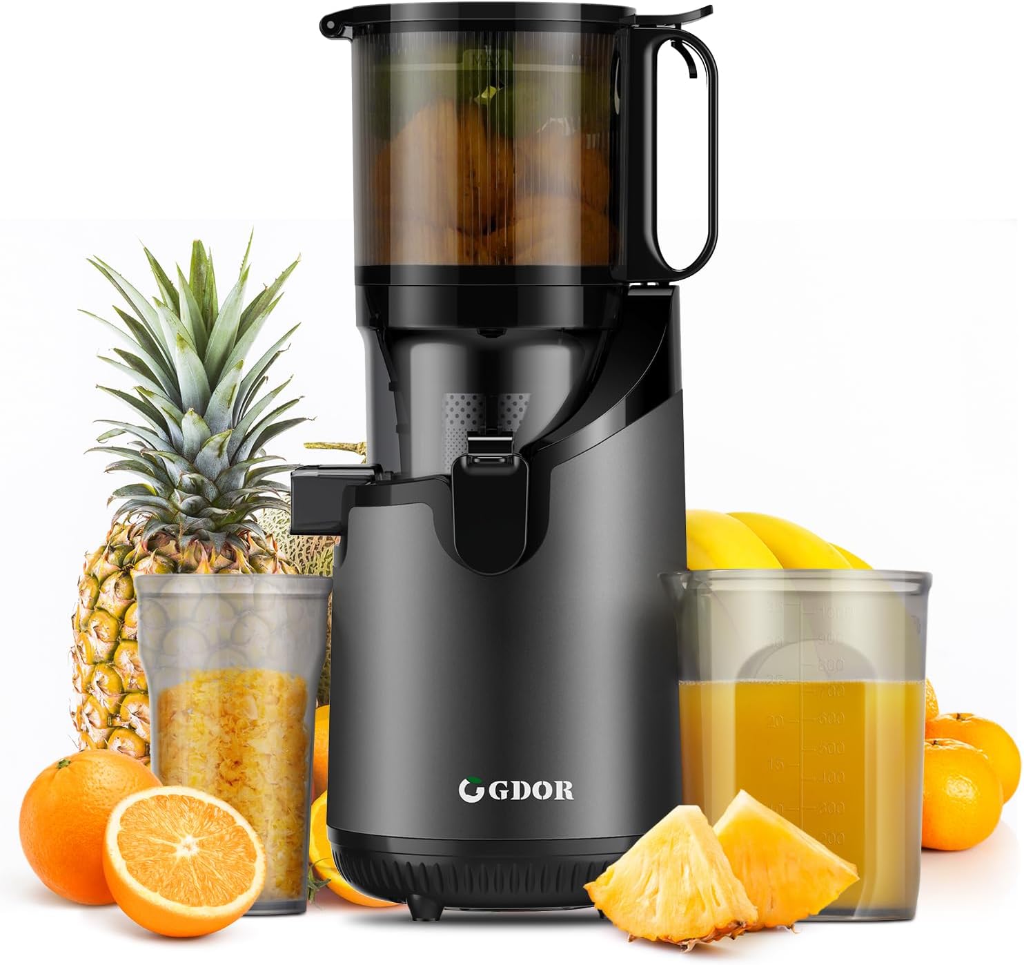 GDOR Self Feeding Cold Press Juicer, Slow Juicer Machines with Large Feed Chute 5.3", Juice Extractor for Whole Fruits & Vegetables, Easy to clean,250W, Gun Grey