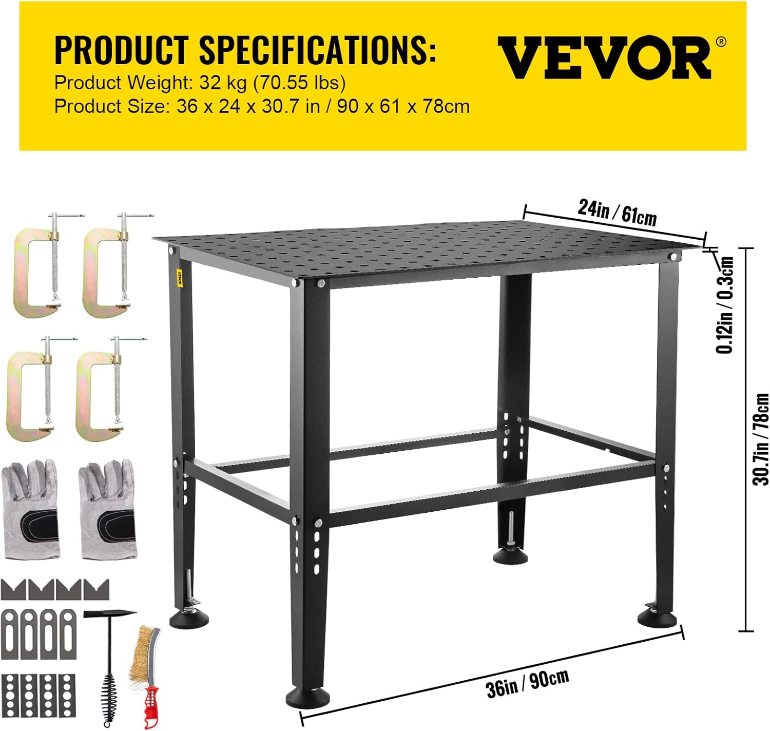 VEVOR Welding Table, 36" x 24" Adjustable Workbench, 0.12" Thick Industrial Workbench, 600lb Load Capacity Metal Workbench, Heavy Duty Carbon Steel Welding Table, Gray Steel Work Table w/Accessories