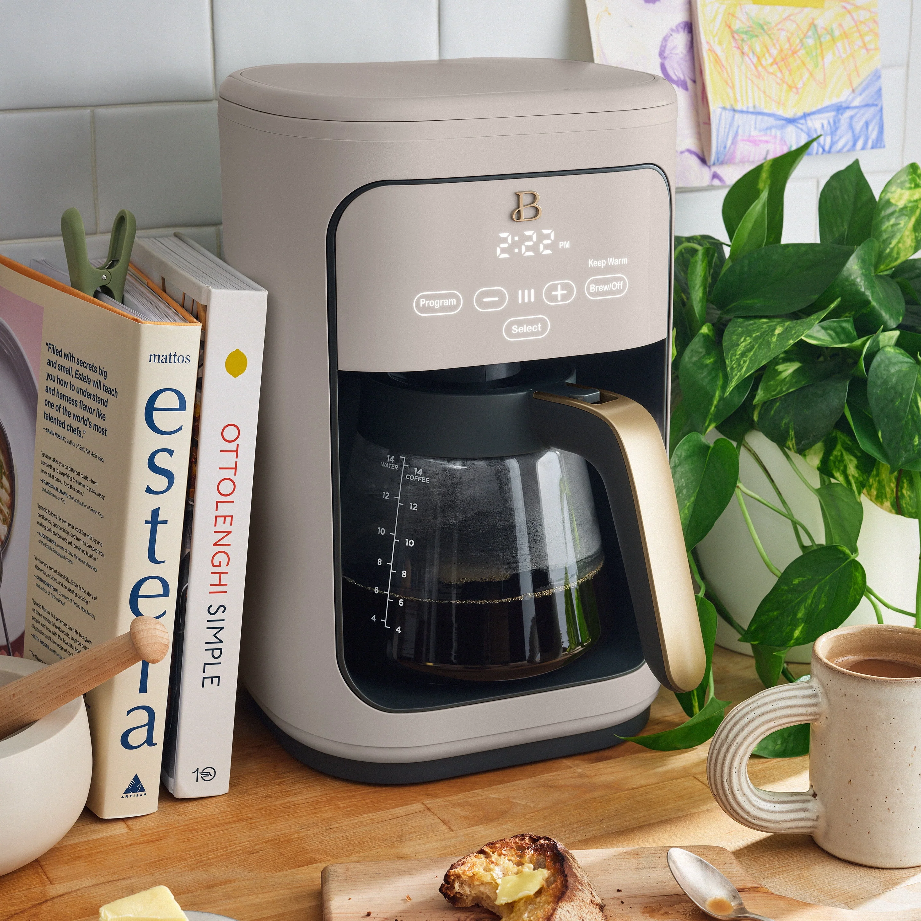 Beautiful 14-Cup Programmable Drip Coffee Maker with Touch-Activated Display, White Icing by Drew Barrymore