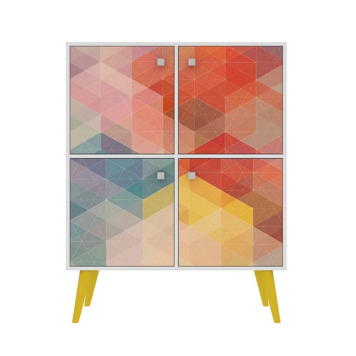 Avesta 45.28 Mid-Century Modern High Double Cabinet with Funky Colorful Design and Solid Wood Legs in White, Color Stamp