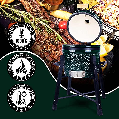 Ceramic Kamado Charcoal BBQ Grill and Smoker, Stainless Steel Grates -15" Ceramic with Tall Stand (BLACK)