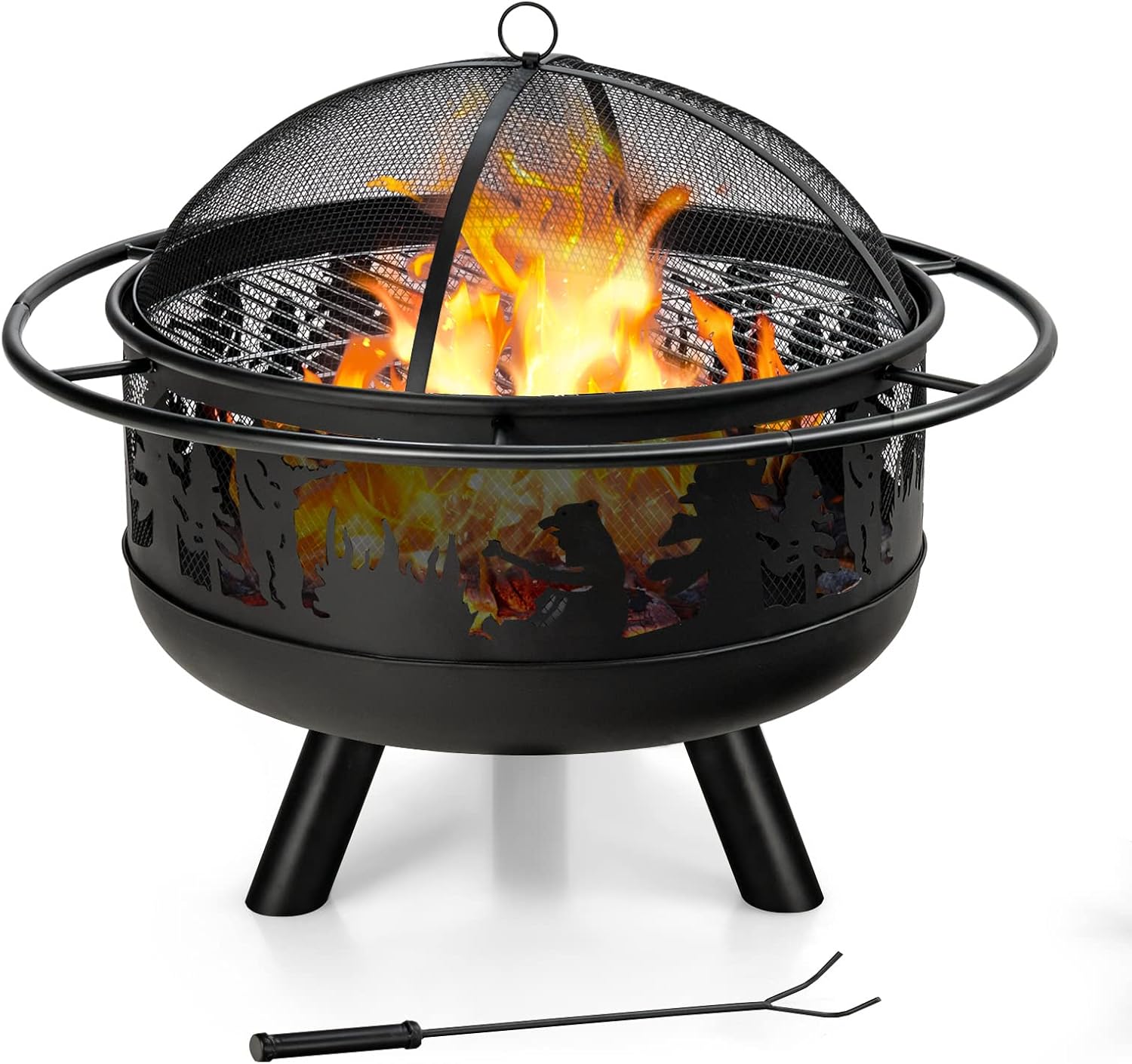 Tangkula Outdoor Wood Burning Fire Pit, 30 Inch Round Fire Pit Bowl w/ Fire Poker, Grill & Spark Screen, 2-in-1 Powder-Coated Steel Firepit for Patio, Backyard, Barbecue, Bonfire (Black)