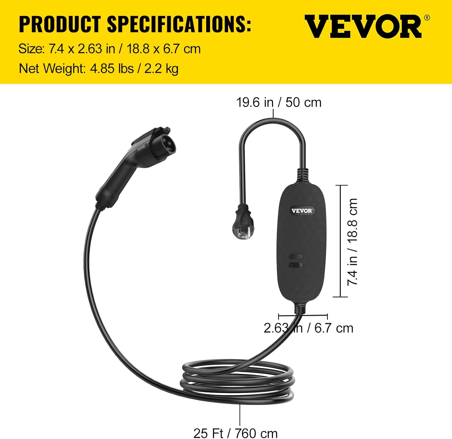 VEVOR Level 1+2 EV Charger, 15 Amp 110-240V, Portable Electric Vehicle Charger with 25 ft Charging Cable NEMA 6-20 Plug NEMA 5-15 Adapter, Plug-in Home EV Charging Station for SAE J1772 Electric Cars