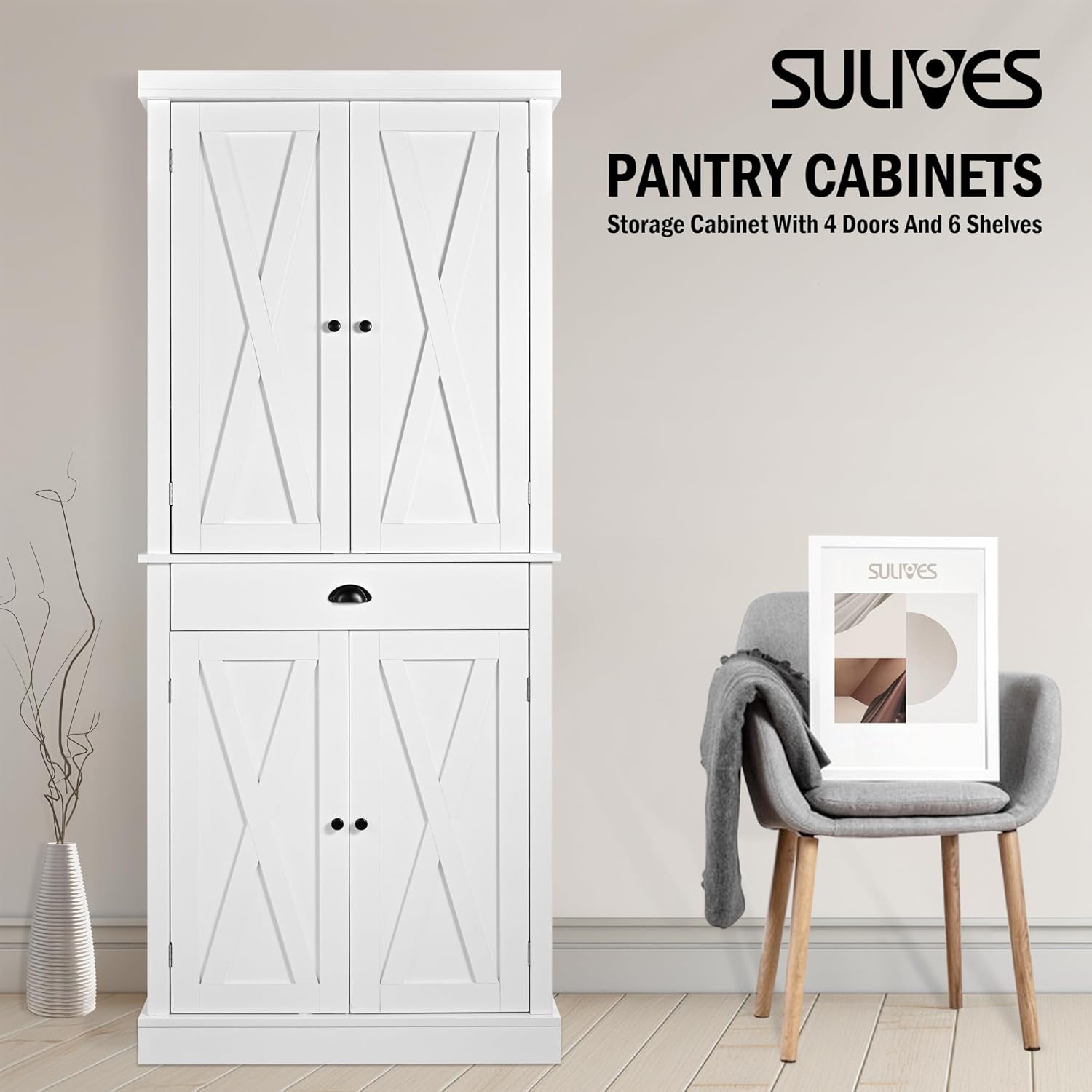 SULIVES Kitchen Pantry Storage Cabinets,Storage Cabinets with 4 Doors and 6 Shelves,73" Tall Food Pantry Cabinets for Kitchen Storage,Versatile Kitchen Hutch Cabinet with Storage,White