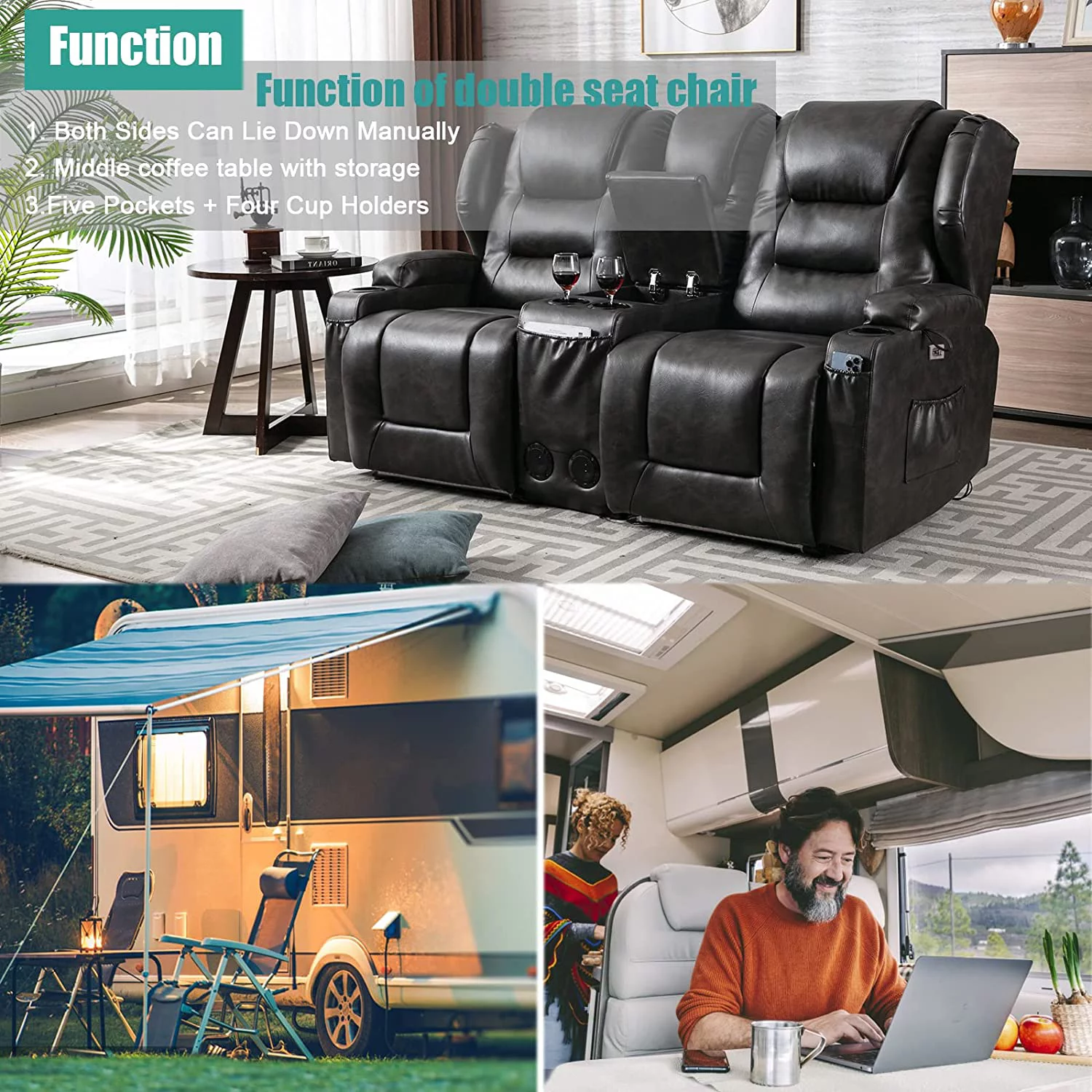 IPKIG Electric Home Theater Seating- Power Recline Chair Loveseat RV Sofa with Console, 67" Double Recliner 2-Seater RV Couch with Storage/USB Charging/Lighting/Cup Holders for Living Room