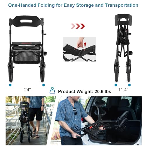 Rollator Walker with Seat, Tall Walkers for Seniors, 12" Big Rubber Wheels All Terrain Rollator Walker with Backrest, Built-in Cable, Foldable and Dual Adjustable Height for 5.3-7ft, Red