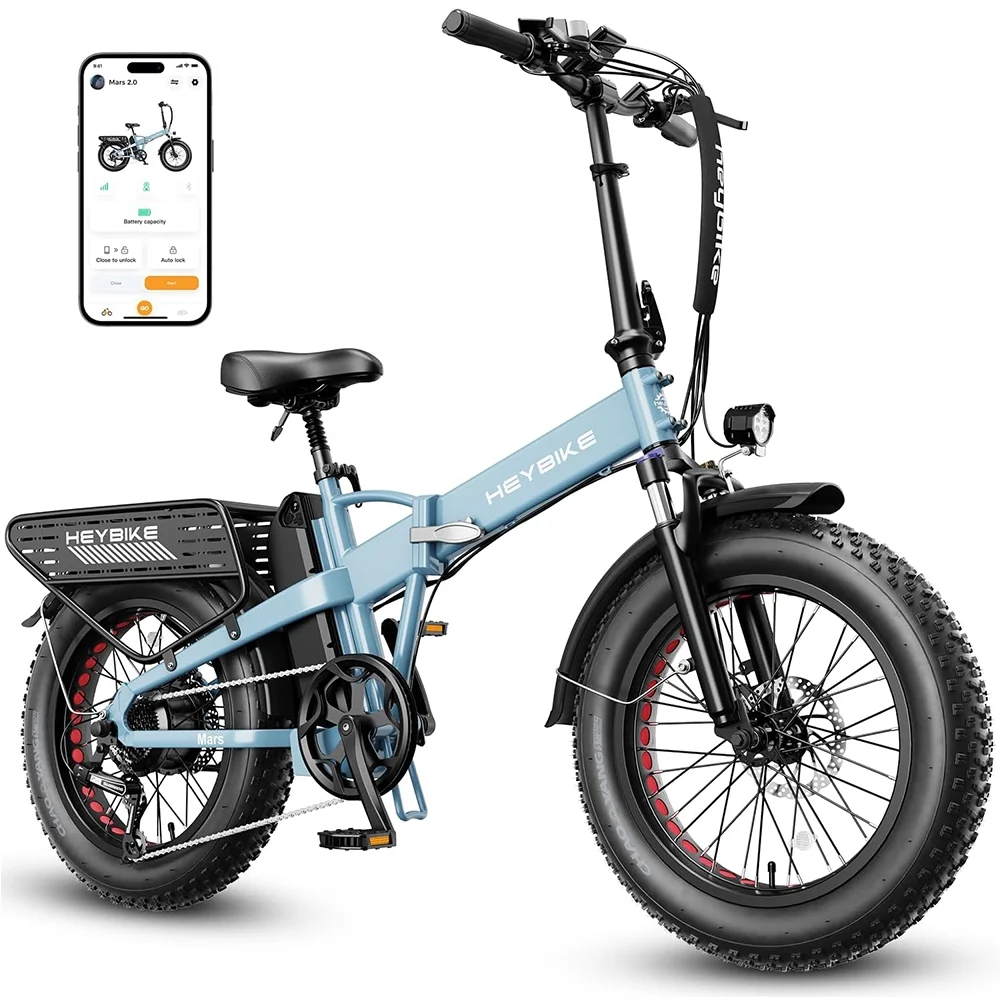 Heybike Mars 2.0 Electric Bike Foldable 20" x 4.0 Fat Tire Electric Bicycle with 48V 12.5AH Removable Battery, Folding Ebike with APP Control, Full Suspension - Curated Treasures Market