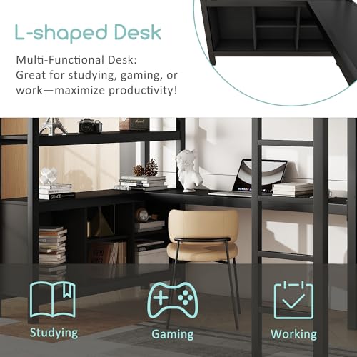 Linique Metal Loft Bed with Wardrobe & L-Shaped Desk - Sturdy Space-Saving Loft Bed Includes Storage Cubes, Shelves for Kids, Teens, Adults (White, Queen)