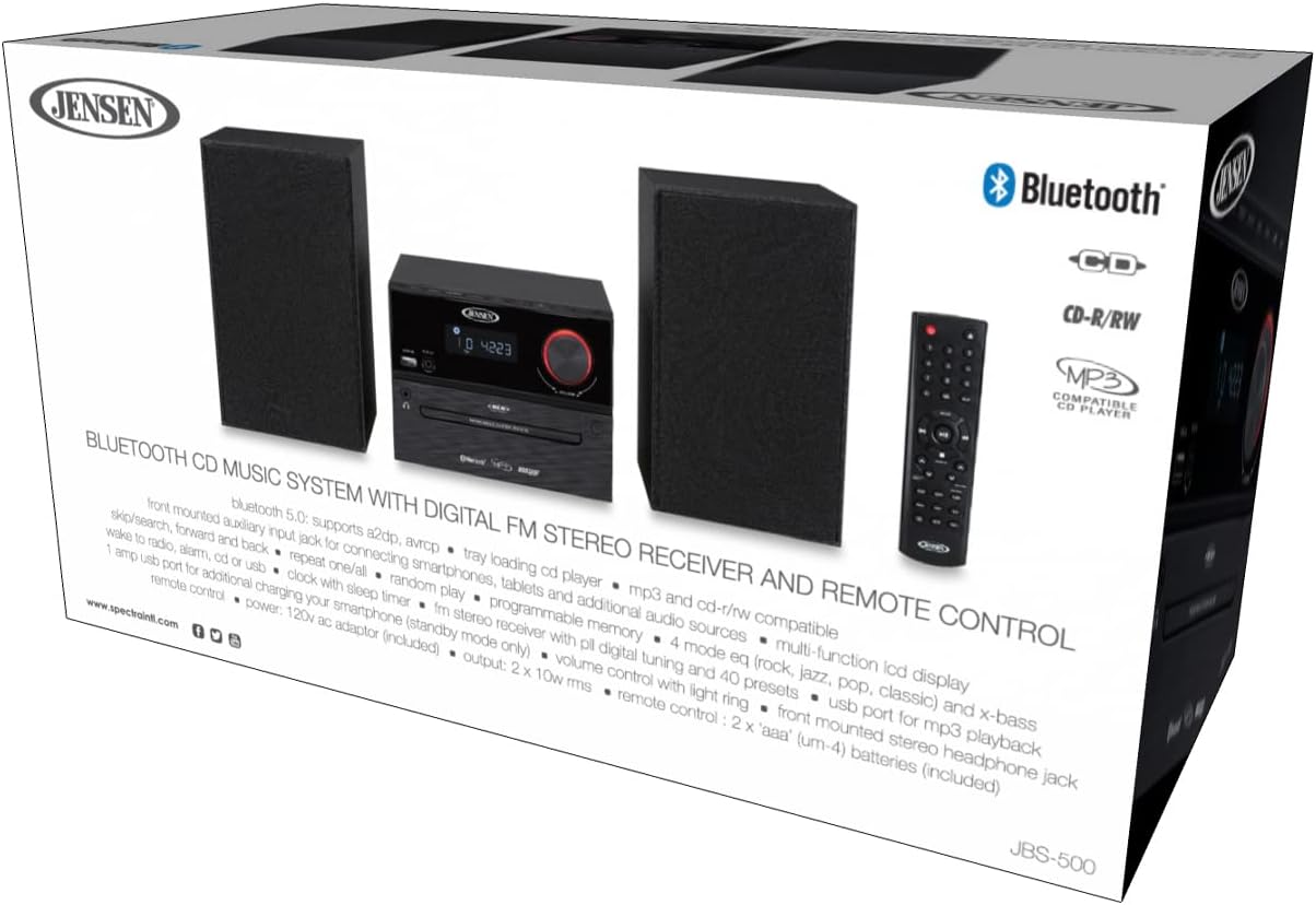 Jensen Professional JBS-500 Modern Bluetooth Wireless Stereo Music System Home CD Player, MP3 USB, Audio in, Headphone Jack, FM Radio, 30W - (Jet Black)