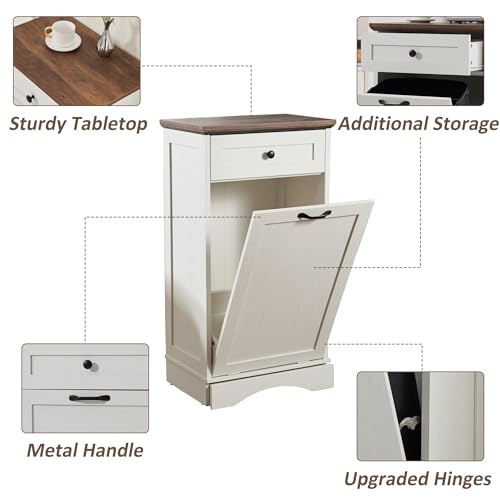 13 Gallons Tilt Out Trash Can Cabinet Freestanding Trash Cabinet Wood Garbage Recycling Cabinet with Hideaway Drawer Pet Proof Trash Can Holder for Kitchen Living Room, White