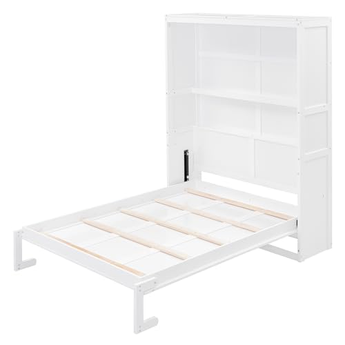 Queen Murphy Bed Folded to Wall Wooden Cabinet Bed with Cushion, Hidden Bed Folding Wall Bed for Guest Bedroom, Space Saving Design & Easy Assembly (White)