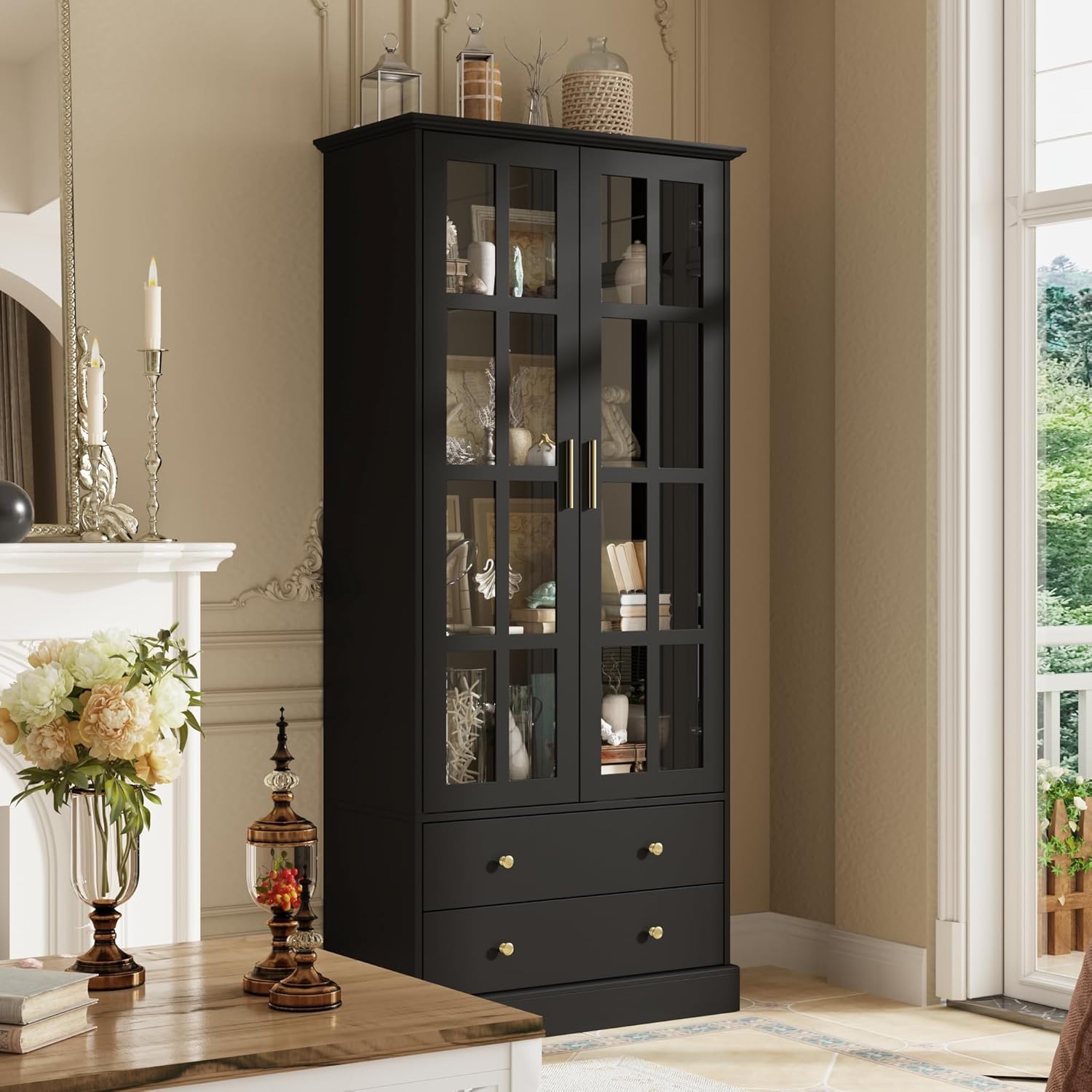 ECACAD 4-Tier Tall Bookcase Storage Cabinet with Glass Doors, Drawers & Shelves, Wooden Bookshelf Display Cabinet for Living Room, Office, Black (31.5”L x 15.7”W x 70.1”H)
