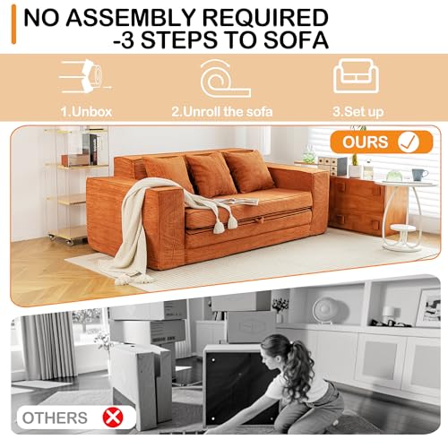 HOMREST 76" Convertible Memory Foam 3-seat Sofa, Pull Out Sleeper Sofa Bed, 2 in 1 Folding Couch Bed, Fold Out Floor Couch Corduroy Fabric with 3 Pillows for Living Room Bedroom Lounge (Grey)