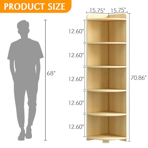 IOTXY 6-Tier Open Corner Shelf - 71" Tall Wooden Floor Standing Corners Bookshelf Rack Stand, Oak