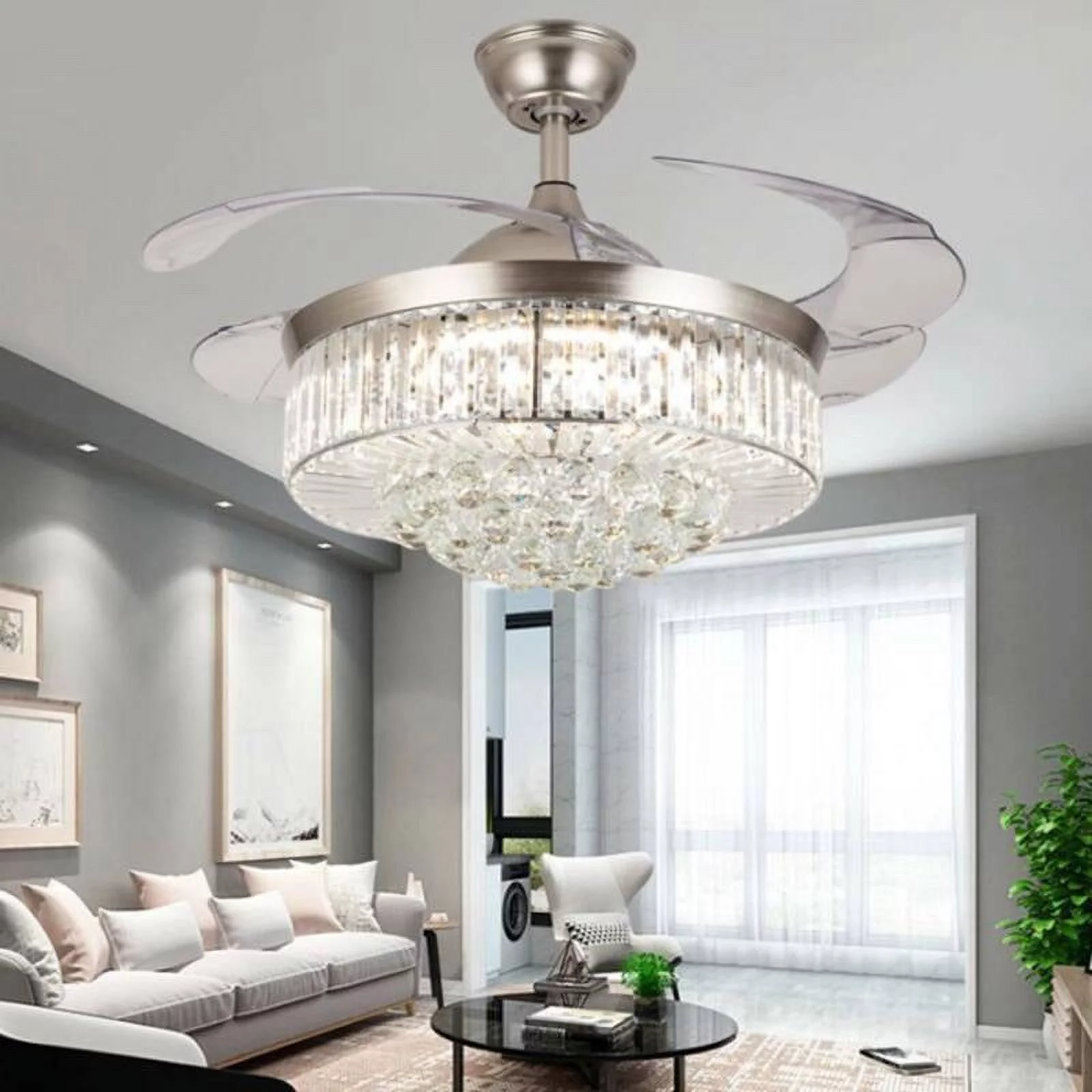 Urbanest 42"Invisible Ceiling Fan Chandelier with Light,Modern Crystal Ceiling Fan Light Remote Control Retractable ABS Blades