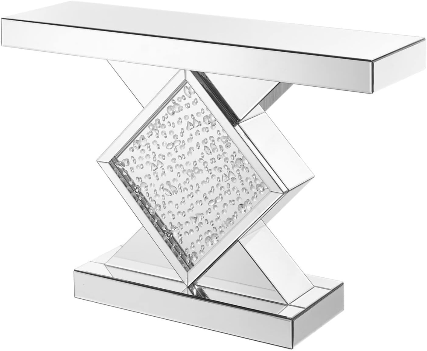 Rectangle Beveled Glass Mirrored Crystal Console Table in Clear Mirror Finish
