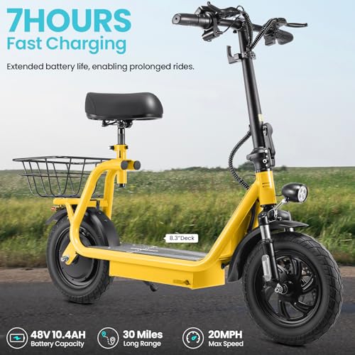 Caroma Peak 800W/1200W Electric Scooter Adults, 30 Miles Max Range, Foldable Electric Scooter with Seat, Front Suspension, Detachable Large Basket,Commuter E-Scooter for Adult and Teens