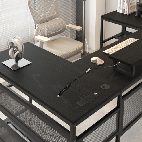 Computer Desk U Shaped 82" with LED Lights and Power Outlets, Reversible Gaming Desk with Monitor Stand, Corner Gaming Desk for Home Office Workstation, Printer Storage Shelves, Two Person Desk,Black