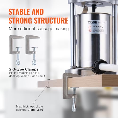 VEVOR Manual Sausage Stuffer, 7 L / 15 LBS Vertical Sausage Machine, Dual-Speed Meat Stuffer, Made of Food-Grade 304 Stainless Steel, Includes 5 Stuffing Tubes, for Home Kitchen Restaurant Commercial