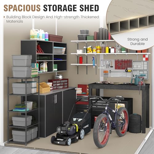 Outdoor Storage Shed, 6x6 FT Resin Shed with Floor and Lockable Door, Window, Vents, Tool Sheds and Outdoor Storage for Bike, Garden Accessories, Tools, Waterproof (Grey & White)