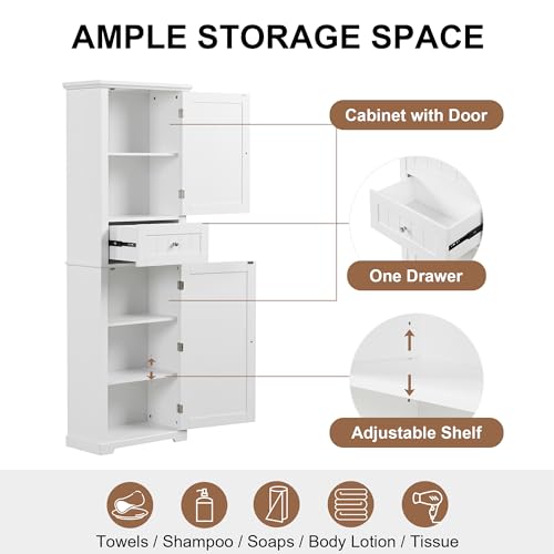 Tall Bathroom Storage Cabinet, Freestanding Storage Cabinet with Drawer and Adjustable Shelf, MDF Board with Painted Finish, White