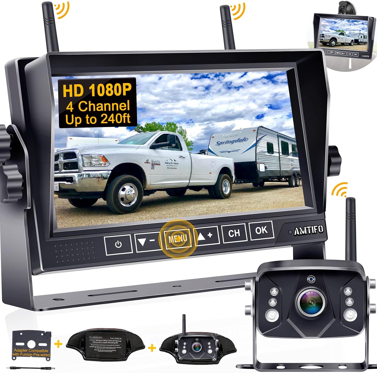 AMTIFO Wireless Backup Camera RV HD 1080P Trailer Bluetooth Rear View Cam System Touch Key 7'' DVR Monitor Split Screen 4 Channels for Truck Camper Adapter for Furrion Pre-Wired RVs A7
